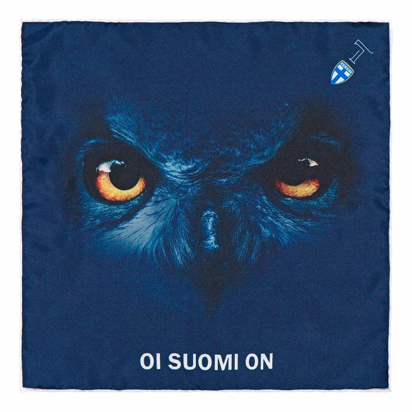 Upea tummansininen silkkitaskuliina, jossa on iso Huuhkajat-printti ja