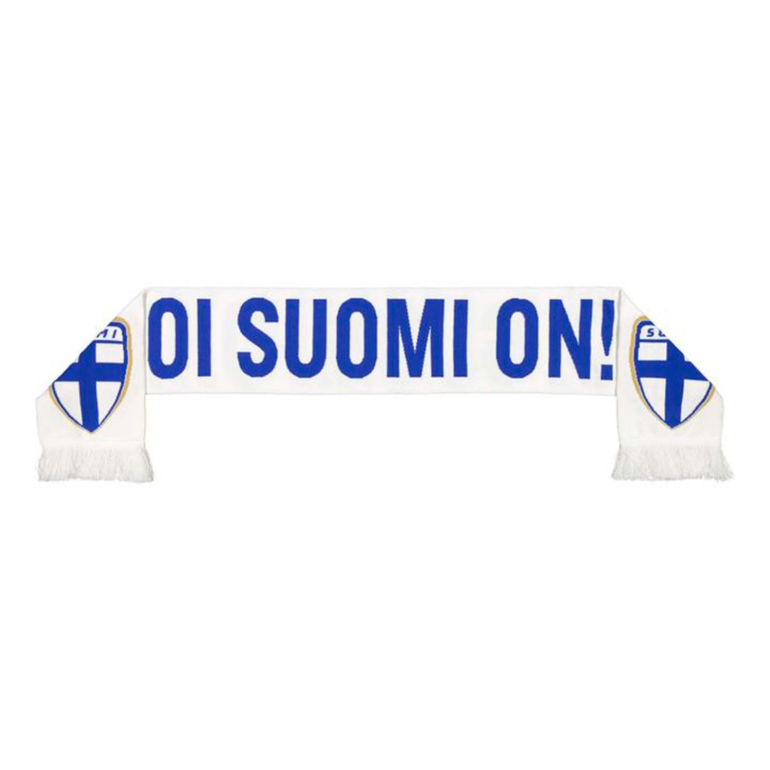 Oi Suomi on! -kaulahuivi. Klassinen valkopohjainen design, jonka molempia puolia koristaa teksti