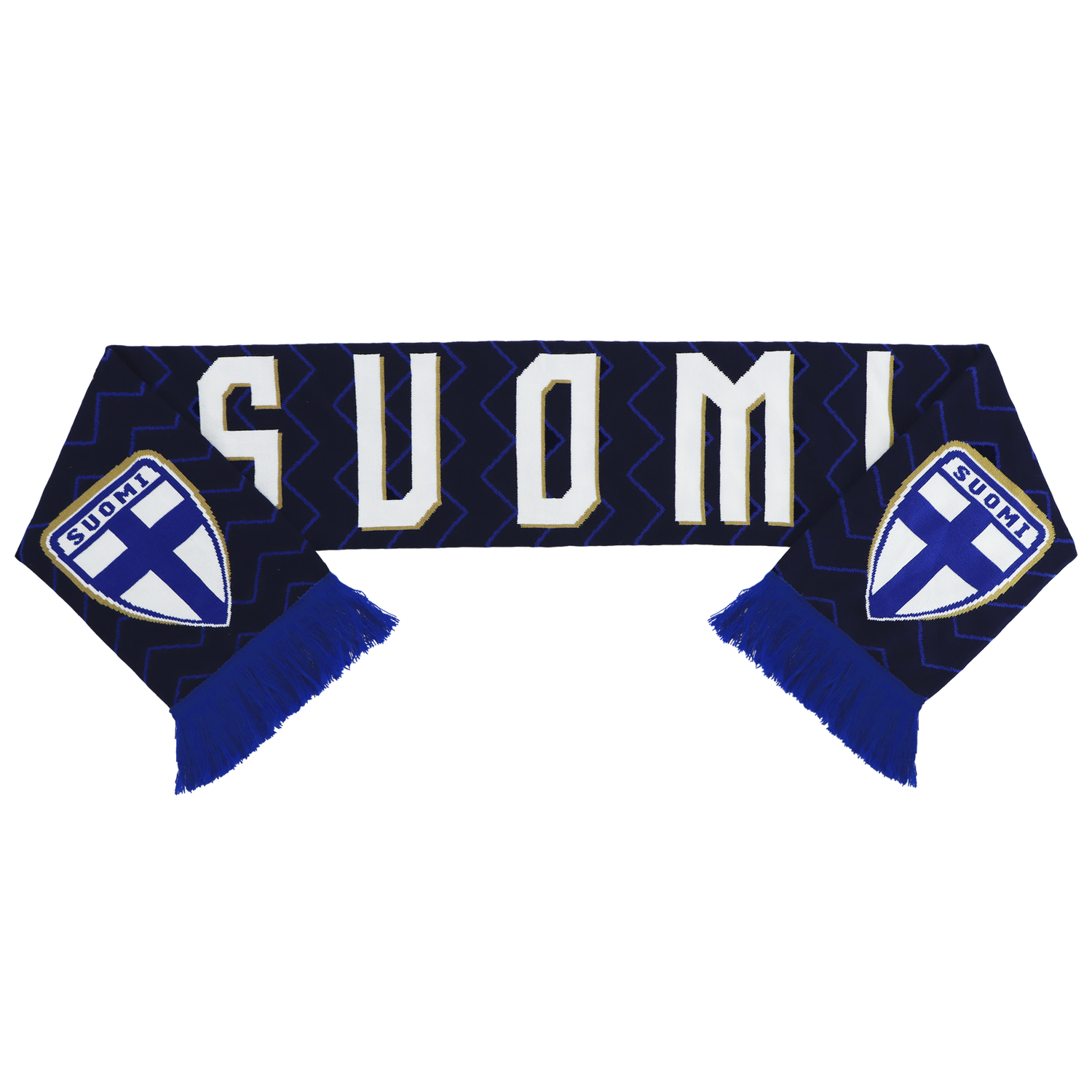 Suomen jalkapallomaajoukkueen kudottu tummansininen kaulahuivi