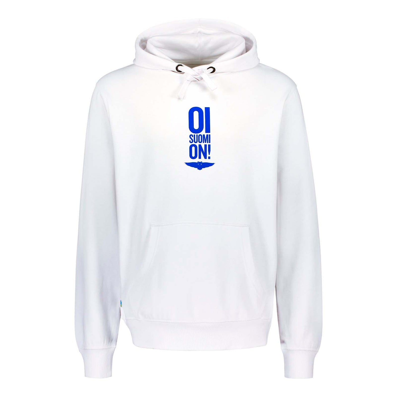 Valkoinen Oi Suomi on! -huppari. Laadukas hupullinen collegepaita, jossa harjattu, pehmeä sisäpuoli. 